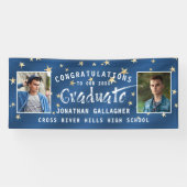 Moderne Graduate Typografy Foto Blue Gold Stars Banner (Horizontal)