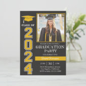 Moderne Graduationspartei Gelbschwarzes Foto 2024 Einladung (Stehend Vorderseite)