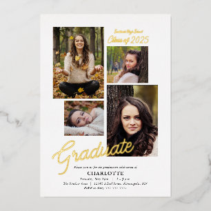 Moderne Graduierten-Foto-Collage Abschluss Gold Folieneinladung