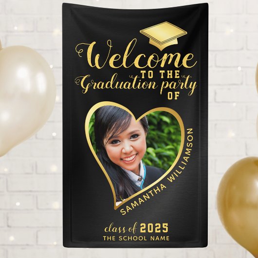 Moderne Graduiertenparty Black Gold Foto Willkomme Banner