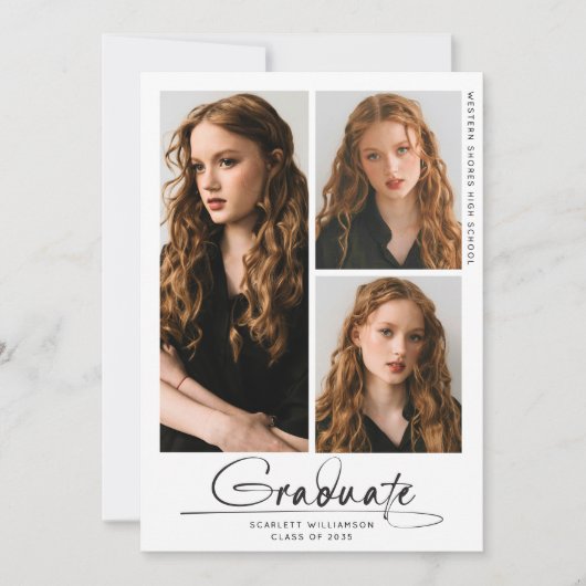 Moderne Graduierungspartei 3 Foto Collage Script Einladung (Vorderseite)