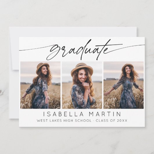 Moderne Graduierungspartei 3 Foto Collage Script Einladung (Vorderseite)