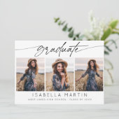 Moderne Graduierungspartei 3 Foto Collage Script Einladung (Stehend Vorderseite)