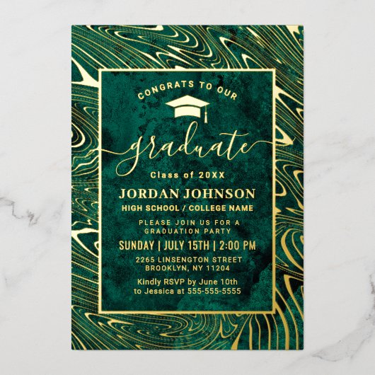 Moderne Graduierungspartei für grünes Marmor Gold Folieneinladung (Vorderseite)