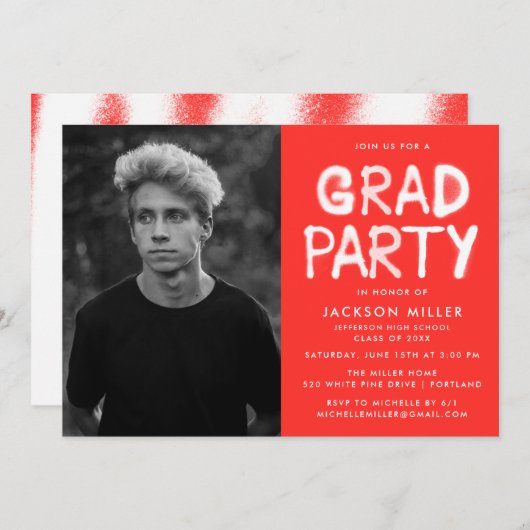 Moderne Graduierungspartei für rotes Spray Paint-F Einladung (Vorne/Hinten)