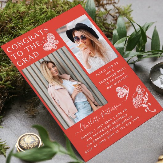 Moderne Graduierungspartei für Rotweiße Schmetterl Einladung
