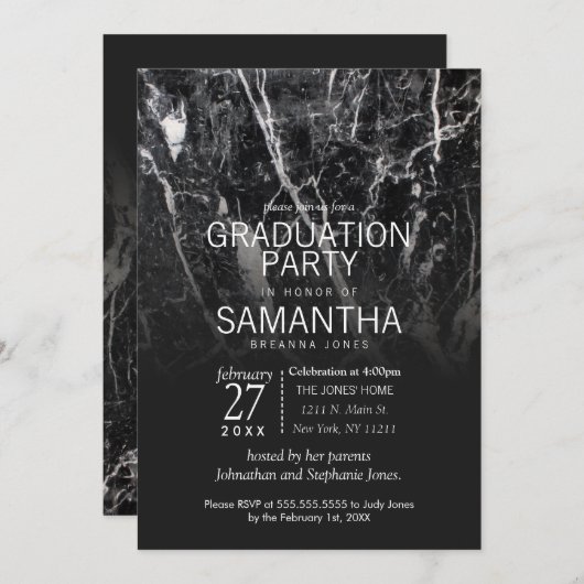 Moderne Graduierungspartei für Schwarz-Weiß-Marmor Einladung (Vorne/Hinten)