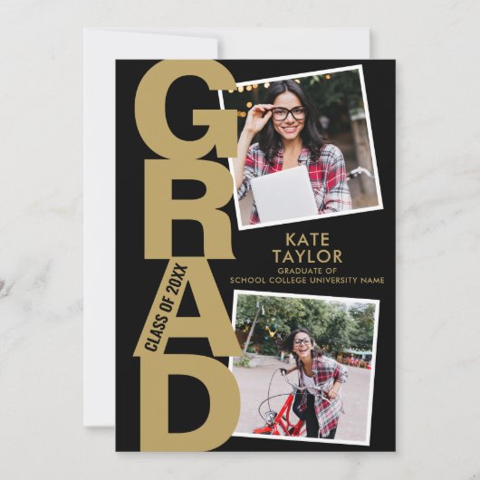 Moderne Graduierungsparty 3 Foto Schwarz und Gold Einladung (Vorderseite)