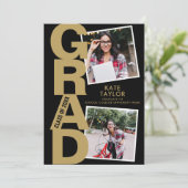 Moderne Graduierungsparty 3 Foto Schwarz und Gold Einladung (Stehend Vorderseite)