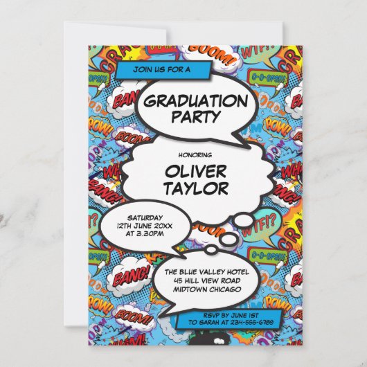 Moderne Graduierungsparty Fun Blue Comic Book Einladung (Vorderseite)