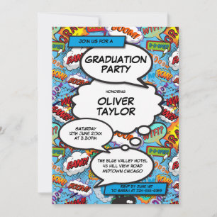 Moderne Graduierungsparty Fun Blue Comic Book Einladung