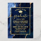 Moderne Graduierungsparty für Blaue Marmorplatte G Folieneinladung (Vorderseite)