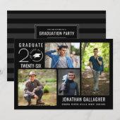 Moderne Graduierungsparty Schwarz 4 FotoCollage Einladung (Vorne/Hinten)