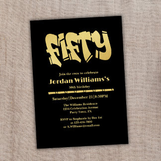 Moderne Graffiti Black Gold Men's 50. Geburtstag Einladung