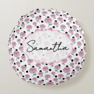Moderne Grafik mit rosa Rose und schwarzen Punkten Rundes Kissen