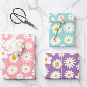Moderne grafische Daisy Pink Blue & Lila Pastel Geschenkpapier Set