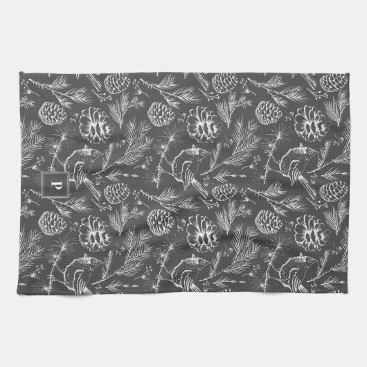 Moderne Grau Kardinal Bird, Pine and Winter Berrie Geschirrtuch (Horizontal)