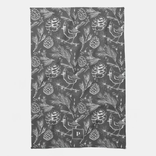 Moderne Grau Kardinal Bird, Pine and Winter Berrie Geschirrtuch (Vertikal)