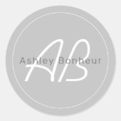 Moderne Grau & Weiß | Cooler Name und Monogramm Runder Aufkleber (Vorderseite)