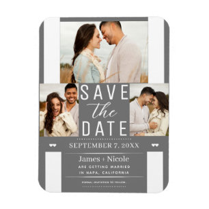 Moderne Grau Weiße Save the Date 3 Foto Hochzeit  Magnet