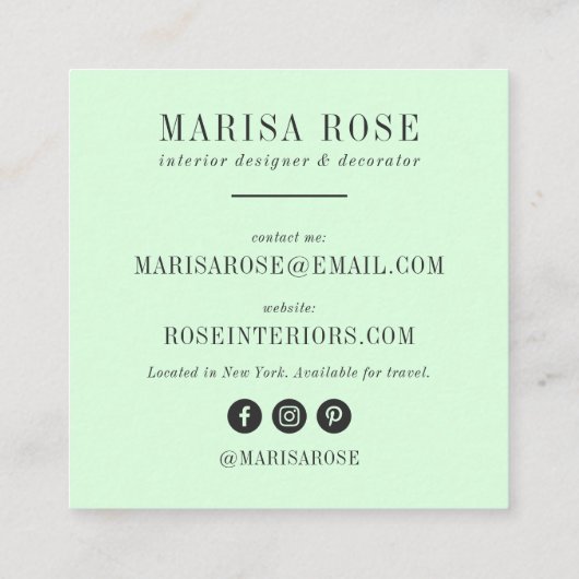Moderne graue Aquarellfarben Blume Rose minzgrün Quadratische Visitenkarte (Rückseite)