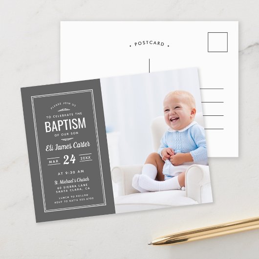 Moderne graue Baby Boy Foto Taufe Postkarte