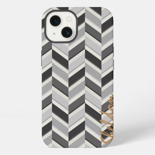 Moderne graue Chevron-Geometrie-Muster-Monogramm iPhone Hülle (Rückseite)
