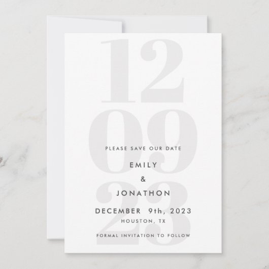 Moderne graue Datums-Typografie Save The Date (Vorderseite)