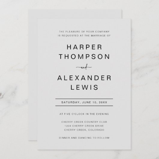 Moderne graue einfache Typografie-Hochzeit Einladung (Vorne/Hinten)