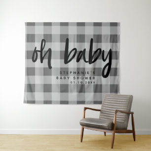 Moderne graue Gingham-Baby-Shower-Kulisse Wandteppich