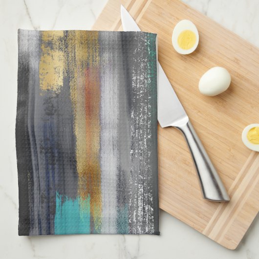 Moderne graue goldfarbene Pinselstriche Abstrakt Geschirrtuch (Viertel Falte)