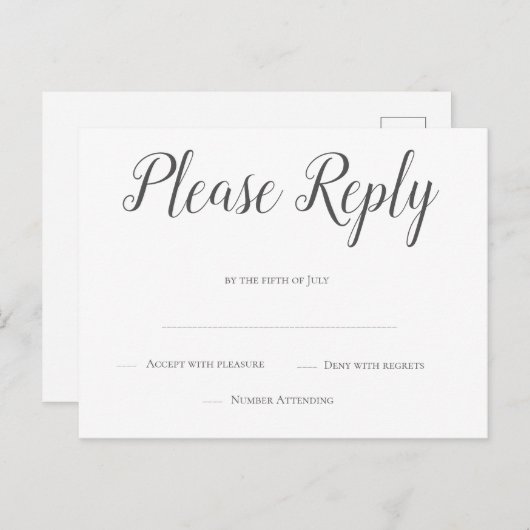 Moderne graue Hochzeitsskripte rsvp Postkarten (Vorne/Hinten)