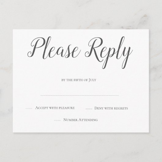 Moderne graue Hochzeitsskripte rsvp Postkarten (Vorderseite)
