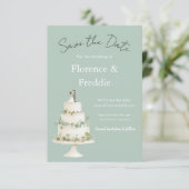 Moderne graue Hochzeitstorte Save The Date Karte (Stehend Vorderseite)