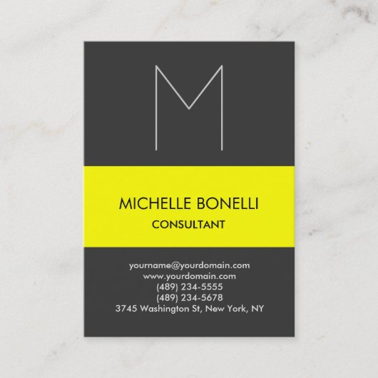 Moderne graue, monogramm gelb gestreifte Visitenka Visitenkarte (Vorderseite)