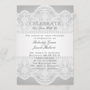 moderne graue Perlen weiße Spitze Vintage-Hochzeit Einladung