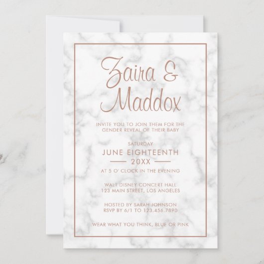 Moderne graue Rose Gold Script Gender Reveal Einladung (Vorderseite)