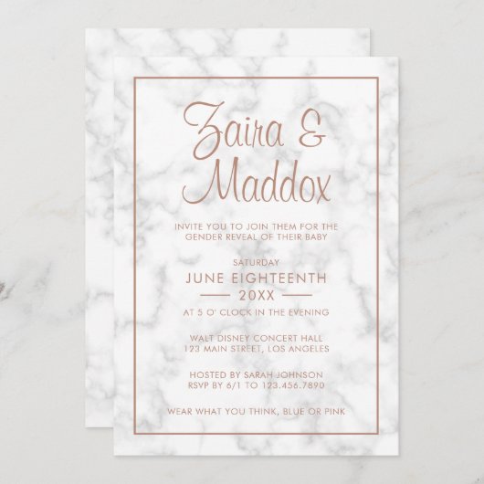Moderne graue Rose Gold Script Gender Reveal Einladung (Vorne/Hinten)