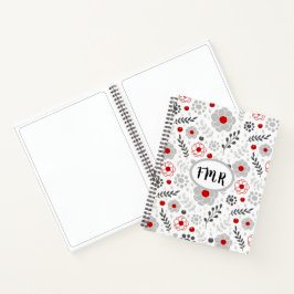 Moderne graue rote Floral Monogramm Sketch Notizblock