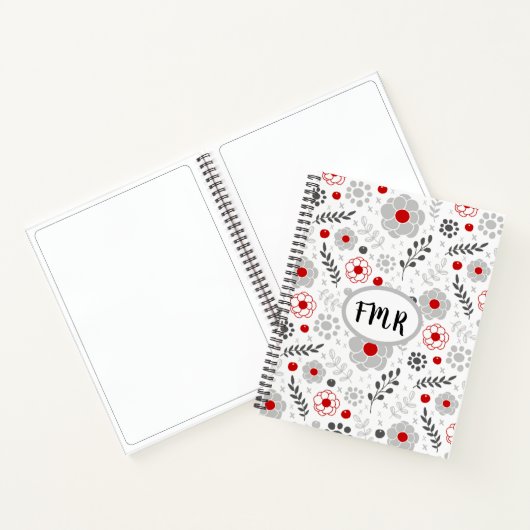 Moderne graue rote Floral Monogramm Sketch Notizblock (Innenseite)