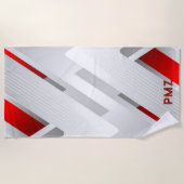 Moderne graue rote geometrische Monogramm Strandtuch (Vorderseite)