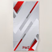 Moderne graue rote geometrische Monogramm Strandtuch (Vorderseite)