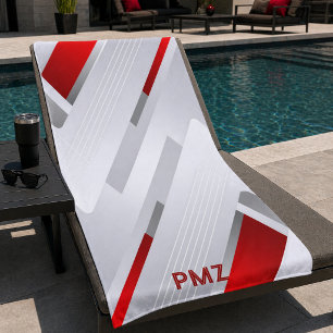 Moderne graue rote geometrische Monogramm Strandtuch