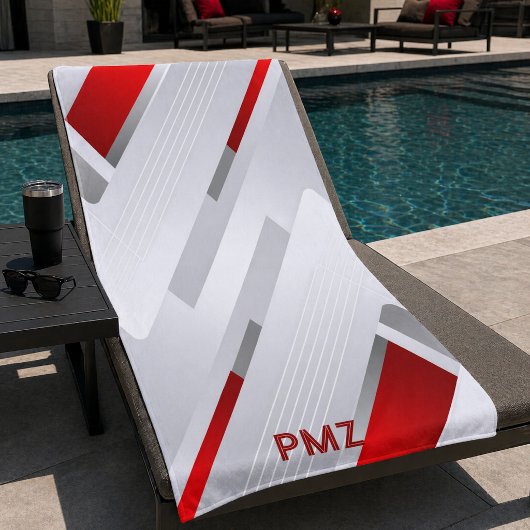 Moderne graue rote geometrische Monogramm Strandtuch