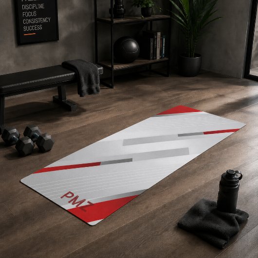 Moderne graue rote geometrische Monogramm Yogamatte