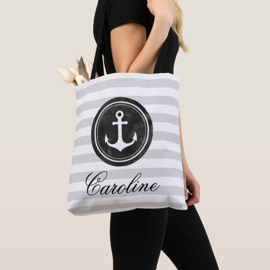 Moderne graue Streifen Nautical Anchor Tasche (Von Nahem)