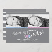 Moderne graue Twins Custom Foto Birth Ankündigung (Vorne/Hinten)