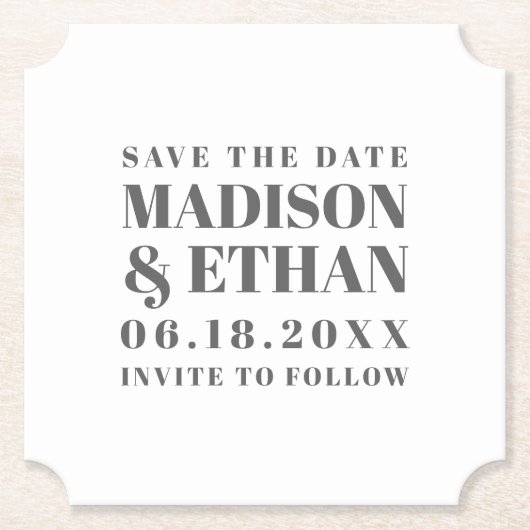 Moderne graue Typografie Save the Date Untersetzer (Vorderseite)