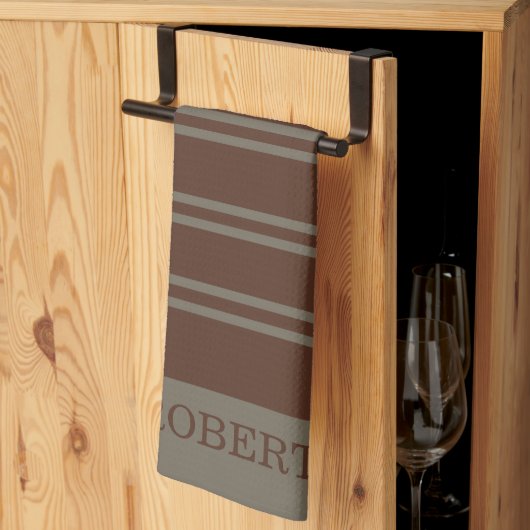 moderne graue und braune Streifen Muster Monogramm Geschirrtuch (Drittel gefaltet)