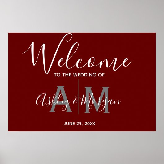 Moderne graue und rote Paare Monogramm Hochzeit Be Poster (Vorne)